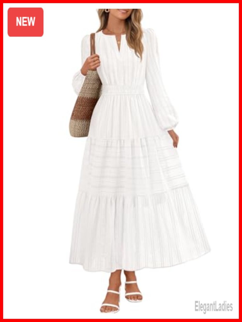 Womens Puff Long Sleeve V Neck Cotton Jacquard Midi Maxi Dress